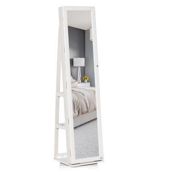HOMCOM Oglindă Suport pentru Bijuterii, Oglindă de podea Pivotantă Modernă pentru Dormitor, 38x38x160 cm, Alb | Aosom Romania