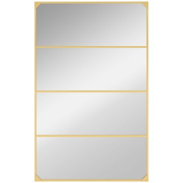 HOMCOM Oglindă de perete tip verrière, dreptunghiulară, stil industrial, montaj orizontal sau vertical cu 4 cârlige, din metal auriu 109 x 69 cm | Aosom Romania