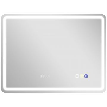 HOMCOM Oglindă de Baie cu Lumină LED 80x60 cm cu Bluetooth 3 Culori de Lumină Ceas Digital Funcție Anti-abur Funcție de Memorie | Aosom Romania