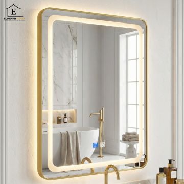 Oglinda de Perete Elindor® Antiaburire, Dreptunghiulara, Montare pe Orizontala, cu Rama Aurie, Ideala pentru Baie, Iluminare Led RGB, Buton ON/OFF Luminat si Noaptea, Rezistenta la Umiditate IP65, 50 x 70 cm - Default Title