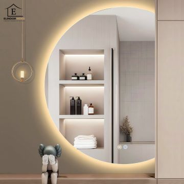 Oglinda de Perete Elindor® Asimetrica Semiluna, fara Rama, Decorativa, Eleganta, Ideala pentru Baie, Birou, Hol, Living, Dressing, Iluminare Led, Intensitate Ajustabila, Antiaburire, 3 Temperaturi de Culoare, 100 x 70 cm - Default Title