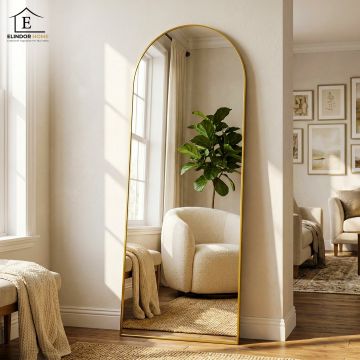Oglinda de Podea Aurie Elindor®, 165 x 60 cm, cu Suport, cu Rama Tip Arcada din Aluminiu, Montare pe Perete sau Agatare, Oglinda Corp Intreg Pentru Dormitor, Living, Birou sau Dulap, Usoara, Multifuntionala, Reglabila - Default Title