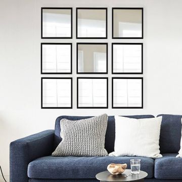 Set 9 oglinzi decorative, SETAYNA_062, Plastic laminat, Argintiu / Negru