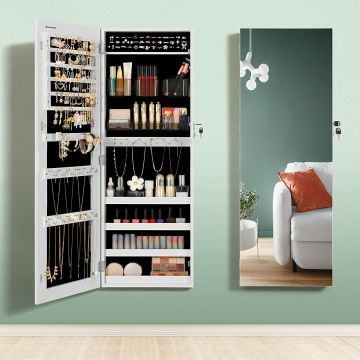 Dulap pentru bijuterii, cu oglinda design fara rama, MDF, montare pe perete sau usa, 37x10x108 cm, alb