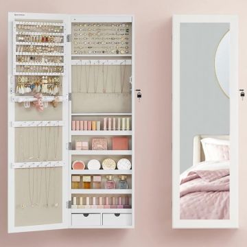 Dulap pentru bijuterii cu oglinda, montare pe perete sau usa, material MDF, inchidere cu cheie, 120x37x10 cm, alb