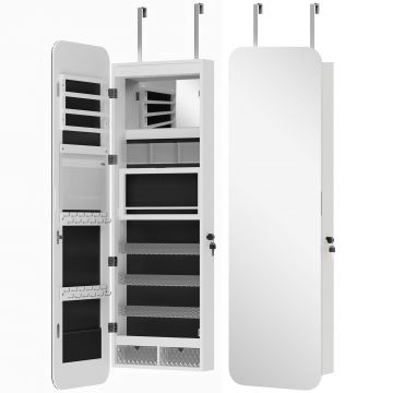 Dulap pentru Bijuterii Montat pe Perete cu Oglinda Interna si LED-uri, inaltime 120 cm, Economisire Spatiu pentru Usa, cu Sertare, incuietoare si
