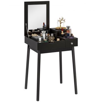 Masa de Machiaj 2 in 1 cu Oglinda Rabatabila si 2 Sertare, 60x50x85.5 cm, Negru