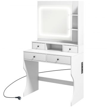Masa de Toaleta cu Oglinda Iluminata LED, Masa de Machiaj cu Statie de incarcare, 4 sertare si rafturi de depozitare, 90x45x160 cm, Alb