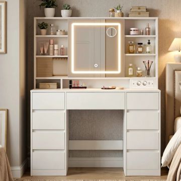 Masa de toaleta cu oglinda LED, 9 sertare, MDF, priza incorporata, oglinda zoom detasabila, 110x40x142 cm, alb
