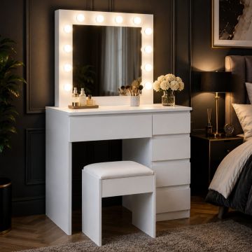 Masa de toaleta si machiaj Hollywood Pro, alba, cu 5 sertare, oglinda si 12 LED-uri, taburet tapitat, 94x43x140 cm