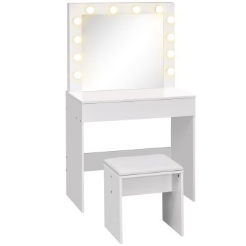 Masa Machiaj cu Oglinda LED 12 Lumini, Set cu Scaun Tapitat si Sertar Spatios, Mobilier pentru Dormitor, 80x40x140 cm, Alb