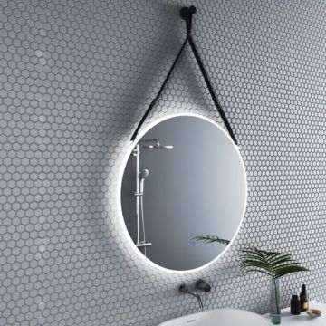 Oglinda cu iluminare si dezaburire Inter Ceramic forma rotunda 80 cm curea neagra