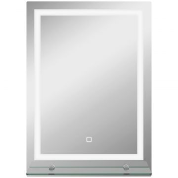 Oglinda de baie cu lumini LED reglabila in 3 culori, cu raft din sticla, 50x12x70 cm, argintiu
