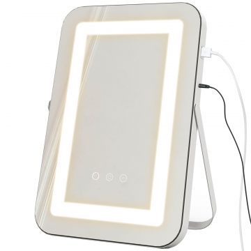 Oglinda de Machiaj LED cu Lumini Reglabile pe 3 Culori, USB si Oglinda de Marire Rotativa, 31x41,5x3 cm, Alb