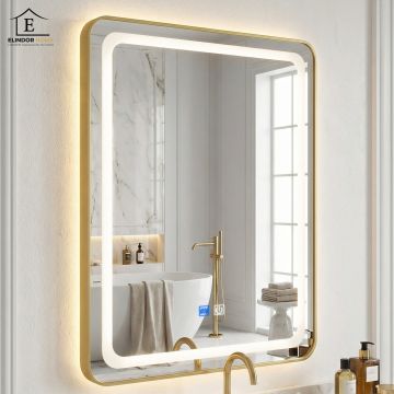 Oglinda de Perete Elindor® Antiaburire, Dreptunghiulara, Montare pe Orizontala, cu Rama Aurie, Ideala pentru Baie, Iluminare LED, Buton ON/OFF Luminat si Noaptea, Rezistenta la Umiditate IP65, 50 x 70 cm - Default Title
