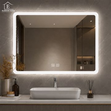 Oglinda de Perete Elindor® Antiaburire, Dreptunghiulara, Montare pe Orizontala, fara Rama, Ideala pentru Baie, Iluminare Led, Buton ON/OFF, Rezistenta la Umiditate IP44, 70 x 90 cm - Default Title