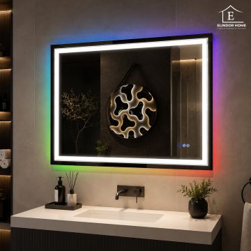 Oglinda de Perete Elindor® Antiaburire, Dreptunghiulara, Montare pe Orizontala, fara Rama, Ideala pentru Baie, Iluminare Led RGB, Buton ON/OFF Luminat si Noaptea, Rezistenta la Umiditate IP44, 100 x 60 cm - Default Title