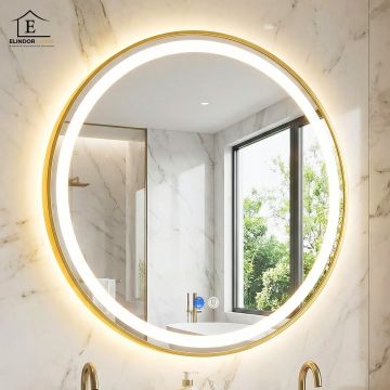 Oglinda de Perete Elindor® Rotunda, Antiaburire, cu Rama Aurie, Ideala pentru Baie, Iluminare Led, Lumina Neutra 6000k, Dimabila, Buton ON/OFF Luminat si Noaptea, Rezistenta la Umiditate IP44, 80 x 80 cm - Default Title