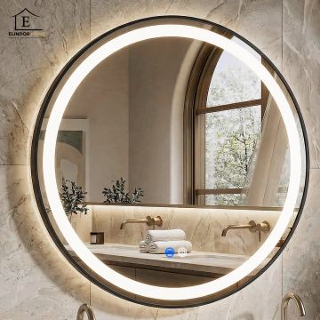 Oglinda de Perete Elindor® Rotunda, Antiaburire, cu Rama Neagra, Ideala pentru Baie, Iluminare Led, Lumina Neutra 4500k, Dimabila, Buton ON/OFF Luminat si Noaptea, Rezistenta la Umiditate IP44, 60 x 60 cm - Default Title