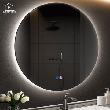 Oglinda de Perete Elindor® Rotunda, fara Rama, Antiaburire, Ideala pentru Baie, Iluminare Led, Buton ON/OFF Luminat si Noaptea, Reglaj Intensitate, Rezistenta la Umiditate IP44, 80 x 80 cm - Default Title