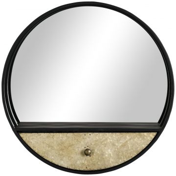 Oglinda de perete rotunda O61cm, oglinda decorativa cu sertar si cadru din metal si MDF, negru
