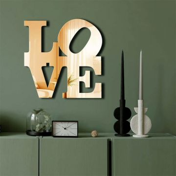 Oglinda decorativa de perete Re-Bloom, model LOVE, plexiglas/EVA, auriu, 47 x 48 cm