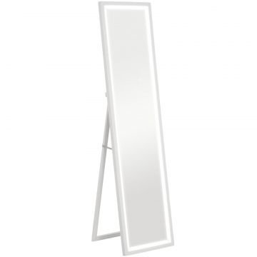 Oglinda iluminata cu lumini LED reglabile si buton tactil, din sticla si MDF, 40x5x160 cm, alba