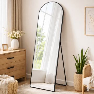 Oglinda podea, cu rama aluminiu si sticla securizata, design curbat, 150x40 cm, negru