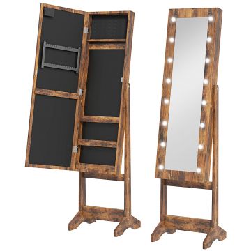 HOMCOM Dulap pentru Bijuterii cu Oglindă Reglabilă și Lumini LED 36x30x136 cm Maro Rustic | Aosom Romania