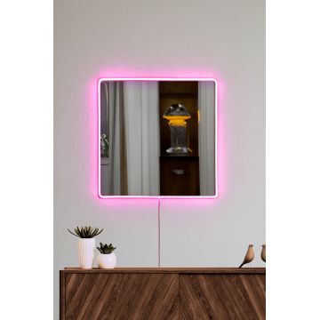 Oglindă decorativă cu LED Pătrată, Diverse culori, 30x30 cm - Roz