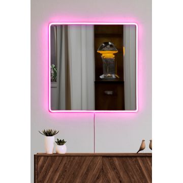 Oglindă decorativă cu LED Pătrată, Diverse culori, 50x50 cm - Roz