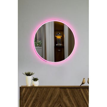 Oglindă decorativă cu LED Rotundă, Diverse culori, Ø40 cm - Roz