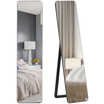 HOMCOM Oglindă de Podea sau Perete cu Cadru din Lemn, Oglindă cu Suport, Pliabil cu Balama, 37x43x156 cm, Nuc | Aosom Romania