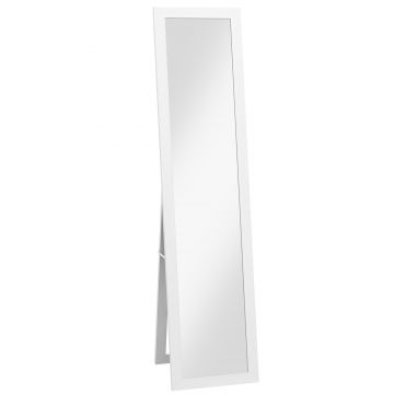 HOMCOM Oglindă cu Ramă din MDF, Picioare și Cârlige pentru Utilizare pe Podea sau pe Perete, 37x40x155 cm, Alb | Aosom Romania
