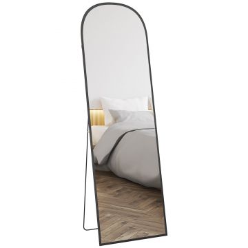 HOMCOM Oglindă de Podea și Perete, Oglindă Modernă cu Structură din Aliaj de Aluminiu și Suport Pliabil, 50x161.5 cm, Negru | Aosom Romania