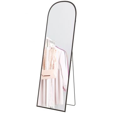 HOMCOM Oglindă de Podea și Perete, Oglindă Modernă cu Structură din Aliaj de Aluminiu și Suport Pliabil, 50x161.5 cm, Negru | Aosom Romania