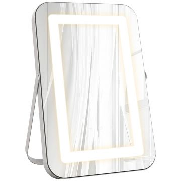 HOMCOM Oglindă de Machiaj LED cu Lumini Reglabile pe 3 Culori, USB și Oglindă de Mărire Rotativă, 31x41,5x3 cm, Alb | Aosom Romania