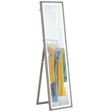 HOMCOM Oglindă de Perete Iluminată cu Lumini LED și Buton Touch, Oglindă de Podea din Sticlă și MDF, 40x5x160 cm, Gri | Aosom Romania