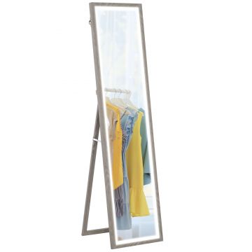 HOMCOM Oglindă de Perete Iluminată cu Lumini LED și Buton Touch, Oglindă de Podea din Sticlă și MDF, 40x5x160 cm, Gri | Aosom Romania