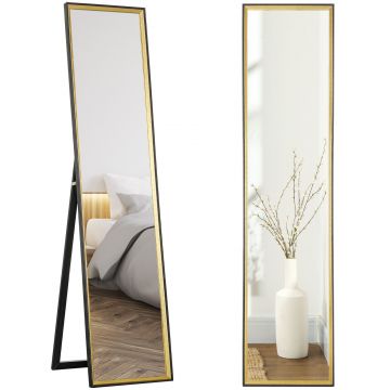 HOMCOM Oglindă de Podea Înaltă cu Suport Posterior și Ramă, Oglindă de Perete din MDF și Sticlă, 37x3x157 cm, Auriu | Aosom Romania