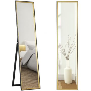 HOMCOM Oglindă de Podea Înaltă cu Suport Posterior și Ramă, Oglindă de Perete din MDF și Sticlă, 37x3x157 cm, Auriu | Aosom Romania
