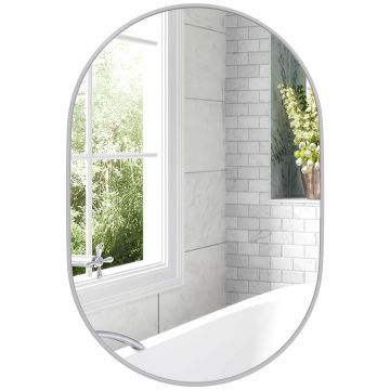 HOMCOM Oglindă Ovală pentru Baie, Oglindă Modernă de Perete cu Rama din Aluminiu și Montaj Vertical sau Orizontal, 60x90 cm, Argintiu | Aosom Romania
