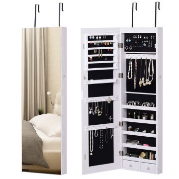 HOMCOM Oglindă pentru Bijuterii cu 6 Lumini LED și Spații de Depozitare, 37x10x120 cm, Alb | Aosom Romania