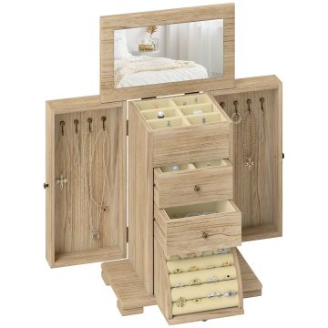 HOMCOM Cutie pentru bijuterii femei pe 4 nivele, cofret pentru bijuterii cu aripi, oglindă și 2 sertare, 26,5 x 16 x 33,5 cm, maro | Aosom Romania