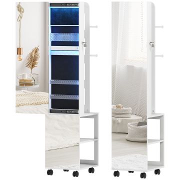 HOMCOM Dulap pentru Bijuterii Rotativ cu Oglindă, Lumină LED și Încuietoare Negru | Aosom Romania