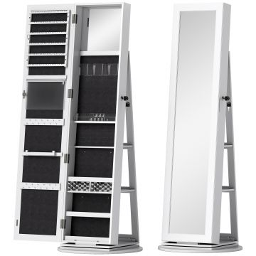 HOMCOM Oglindă 3 în 1 cu Suport Bijuterii, Rotativă, Rafturi și Ușă cu Cheie, Albă | Aosom Romania