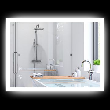 kleankin Oglindă de Baie cu Lumină LED, Luminozitate Reglabilă și Funcție de Memorie, 70x50x3 cm, Transparent | Aosom Romania