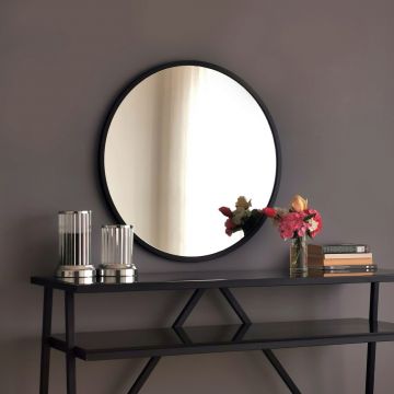 Oglinda decorativa, Neostill, Siyah Metal Çerçeve Yuvarlak Ayna A709, 60x60x2.2 cm, Metal, Negru