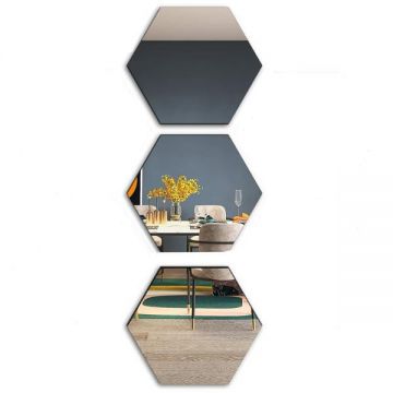 Set 3 Oglinzi Acrilice Autoadezive Luxer, Model Hexagon,18.5x16x9.3 cm, Silver