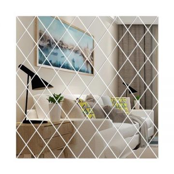 Set 32 Oglinzi Acrilice Diamant Romb Sticker Auto-adeziv Decorativ pentru Baie Living si Bucatarie 50 x 100